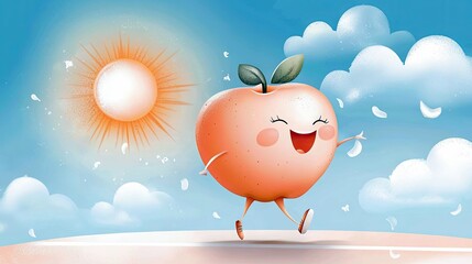 A cheerful cartoon apple character with a smiling face is running across a blue sky with clouds and a bright sun.