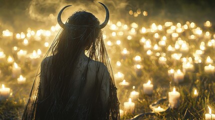 Mysterious figure with horns and veil stands before a field of candles