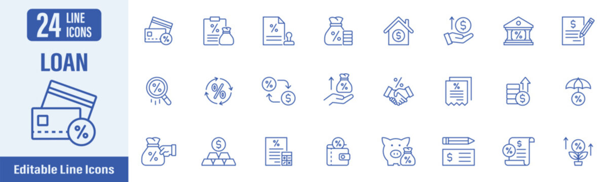 Loan web icons in line style. Contains icons as loan, credit, debt, mortgage, repayment, installment and more. Vector illustration.