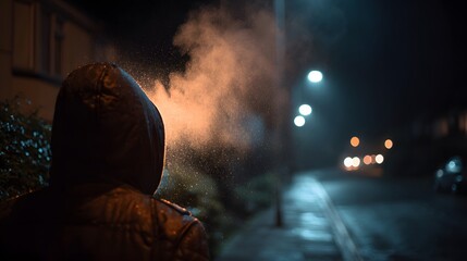 A close-up, backlit photo of a person's breath forming a cloud of condensation in the cold winter air on a quiet street at night.