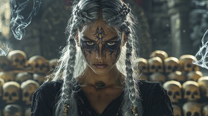 Mysterious woman with face paint and braids in a dark, skull-filled chamber