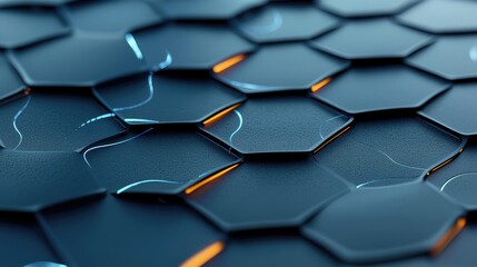 A close-up, abstract view of a dark, textured hexagonal pattern with subtle glowing orange and blue light emanating from the edges, creating a futuristic and te