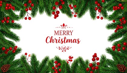 Festive Christmas greeting card with evergreen branches, berries, and holiday message