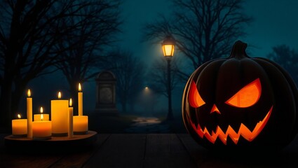 Spooky halloween scene with jack-o'-lantern and candles illuminated by a distant lamp post white background