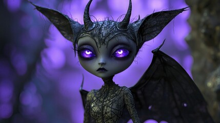 A captivating portrait of a gothic fairy with glowing purple eyes and horns