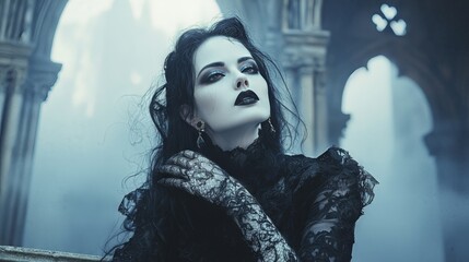 gothic woman in black dress posing dramatically in a gothic setting