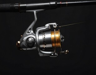 A close-up shot of a silver and gold colored fishing reel attached to a dark fishing rod, set against a black backdrop