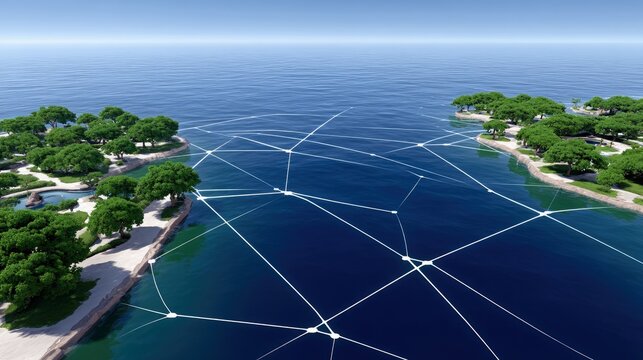 Conceptual illustration of islands connected by network lines over the ocean, representing global connectivity and communication.