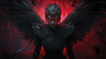 Dark angel with black wings and red eyes against a fiery red background