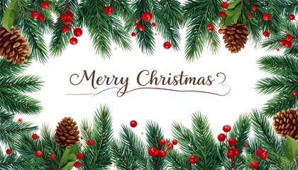 Festive Christmas greeting with evergreen boughs, berries, pinecones, and text on white