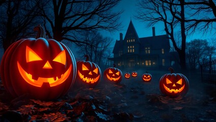 Spooky halloween night scene with illuminated jack-o-lanterns and haunted house in deep blue twilight white background