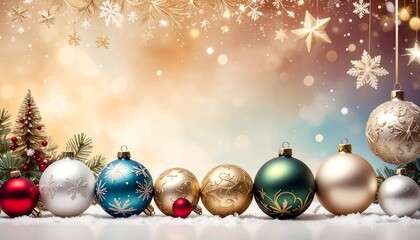 Festive Christmas scene with ornaments, snowflakes, stars, and blurred bokeh background