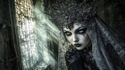 gothic woman in ornate crown and veil, dramatic portrait