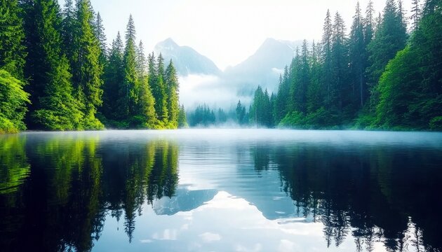 A tranquil lake scene with lush green trees lining the water's edge, reflecting in the calm surface. Mountains are visible in the background, partially obscured - Powered by Adobe