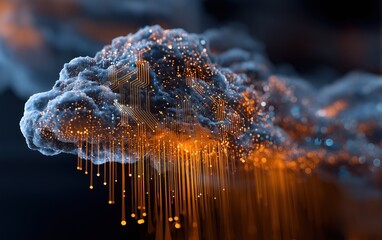 3d render of a cloud with circuit board patterns on it, glowing blue and orange background with digital data flowing through the air Generative AI