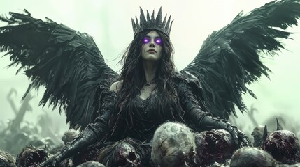 Dark Angel Queen with Crown and Wings, Fantasy Art Portrait