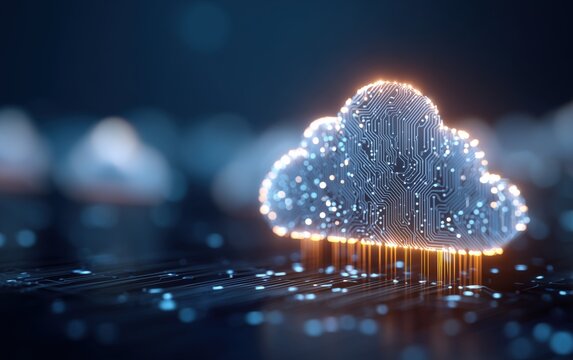 digital background featuring a circuit board-inspired cloud with glowing data flowing through it, representing the idea of ai in the cloud and big data Generative AI - Powered by Adobe