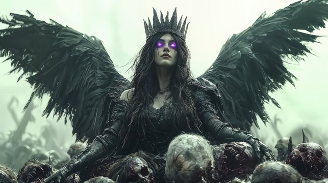 Dark Angel Queen with Crown and Wings, Fantasy Art Portrait - Powered by Adobe