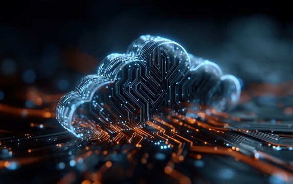 a cloud with circuit board patterns on it, glowing and shining with blue light effects the background is dark and blurred, with blue and orange colors digital technology concept Generative AI