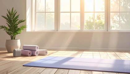 Fototapeta premium A photorealistic and serene photograph capturing an empty, partially rolled yoga mat resting on a clean wooden floor. The scene is brilliantly illuminated by soft, natural morning sunlight streaming t