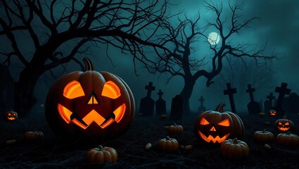Spooky halloween night with glowing jack-o'-lanterns and silhouetted trees in a misty forest atmosphere white background