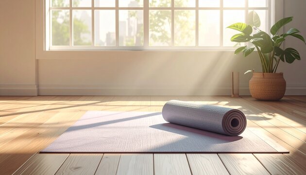 A photorealistic and serene photograph capturing an empty, partially rolled yoga mat resting on a clean wooden floor. The scene is brilliantly illuminated by soft, natural morning sunlight streaming t - Powered by Adobe