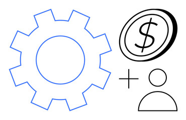 Obraz premium Gear, dollar sign, plus symbol, user icon visualizing concepts thumbs up teamwork, operations, finance, entrepreneurship, management systems innovation. Ideal for strategy growth or simple flat