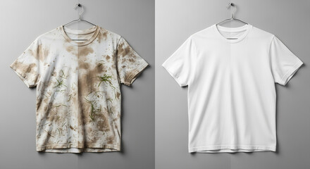 Before and After Laundry: Dirty Stained T-Shirt vs. Clean White Tee