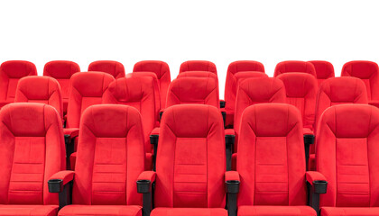 Obraz premium Rows of plush red theater seating invite anticipation for movies, shows, performances, and events with comfort