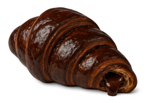 Delicious chocolate croissant with molten filling, rich pastry for breakfast or dessert, isolated on transparent background