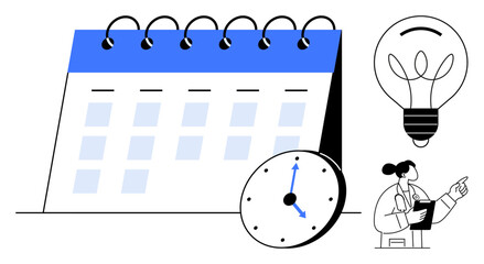 Calendar with spirals, clock, light bulb, and professional noting ideas. Ideal for planning, time management, creativity, productivity organization appointments schedules. Clean flat metaphor