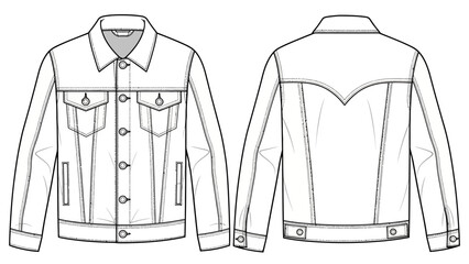 Front and back view of a classic denim jacket with collar and pockets design
