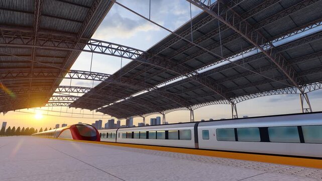 High-speed trains arrive at the station at high speed(3D software Lumion makes non-AI)