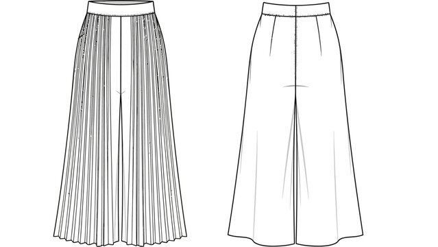 Fashion illustration of a pleated midi skirt and a flared culotte skirt