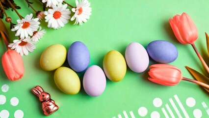  Pastel Easter Eggs with Tulips and Chocolate Bunny Flat Lay on Green Background