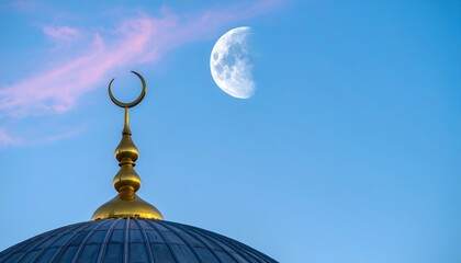 Golden crescent and dome atop a structure, with a moon in the sky