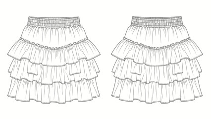 Fashion flat sketch of a ruffled tiered skirt for women's clothing design