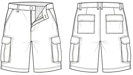 Detailed Fashion Sketch of Men's Cargo Shorts, Front and Back Views