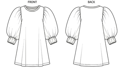 Fashion illustration of a casual long-sleeved dress with gathered puff sleeves and elasticated cuffs