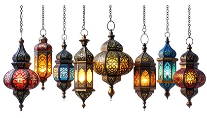 Group of ornate lanterns, varying sizes, shapes, and colors, suspended by chains