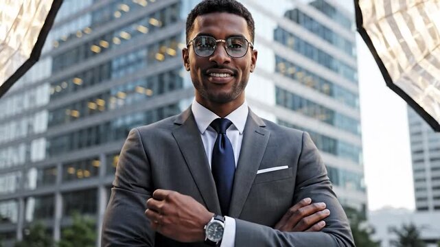 Confident man in suit with arms crossed before a blurred cityscape