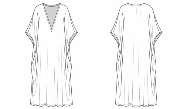 Fashion Flat Sketch of a Kaftan Dress with V-Neck and Pockets