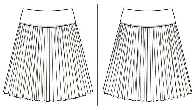Fashion illustration of pleated skirt with waistband, front and back view, black and white line drawing