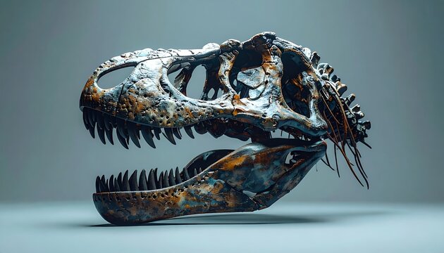 Detailed close-up of a Tyrannosaurus Rex skull fossil, showcasing intricate bone textures and ancient predatory features against a neutral background.