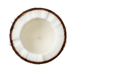 Top view of a fresh coconut half with white flesh and brown husk isolated on transparent background