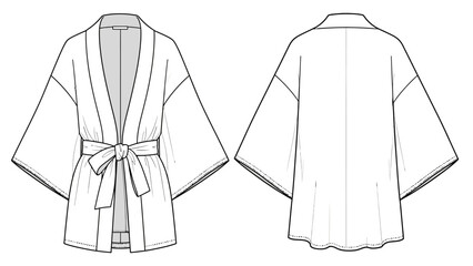 Fashion Design Front and Back View of a Stylish Kimono Jacket with Belt