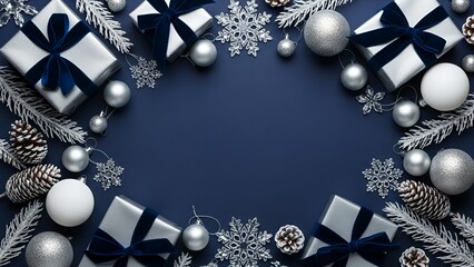  Navy Blue and Silver Christmas Background with Gifts and Ornaments Frame