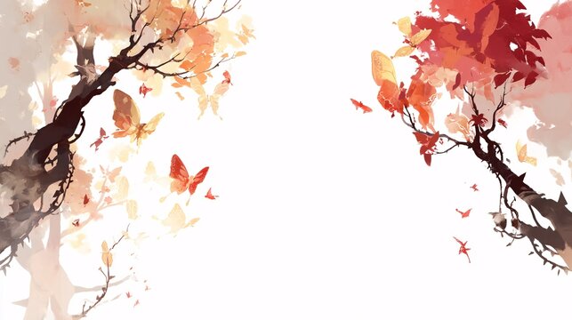 illustration where a tree's branches on one side are filled with blossoming flowers that transform into butterflies, fluttering in a sunlit glow. On the other side, the branches turn into thorny 