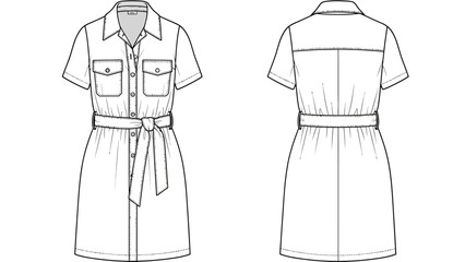 Fashion illustration of a woman's short-sleeved shirt dress with a belt and pockets, front and back views