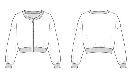 A flat sketch of a cropped bomber jacket with a zipper and elastic cuffs, shown front and back